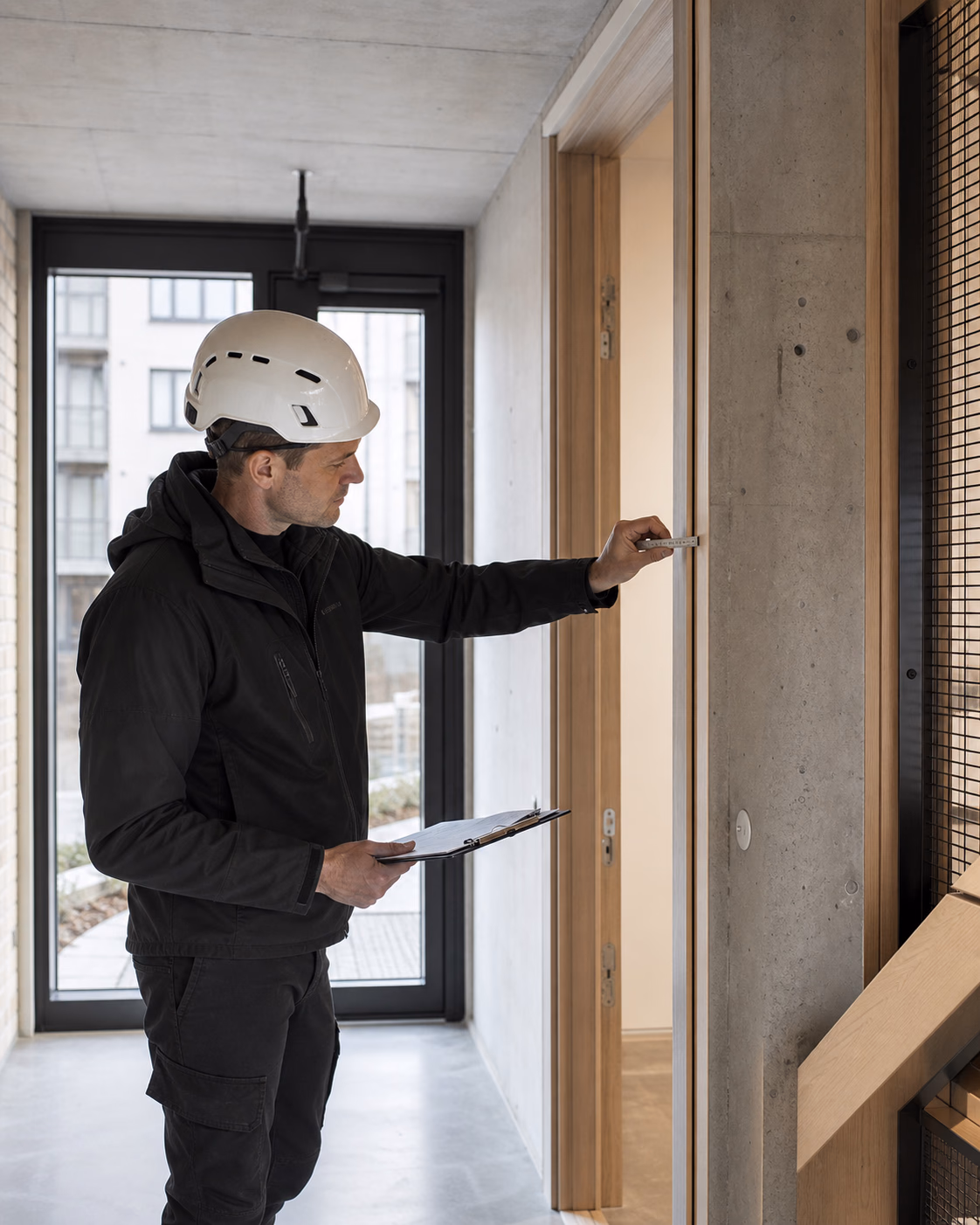 Besiktningsman med skyddshjälm som mäter en detalj vid en dörrinstallation